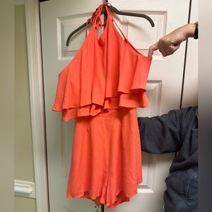 NWT ASTR the Label Bianca Halter Ruffle Tiered Romper in Coral, size: L